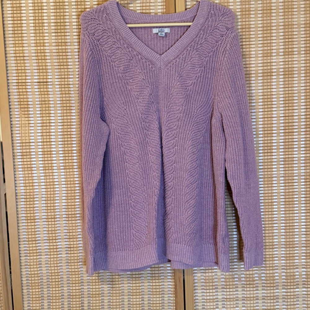 Croft & Barrow Womens 1X Lavender‎ Purple V-Neck Cable Knit Sweater Cotton Blend